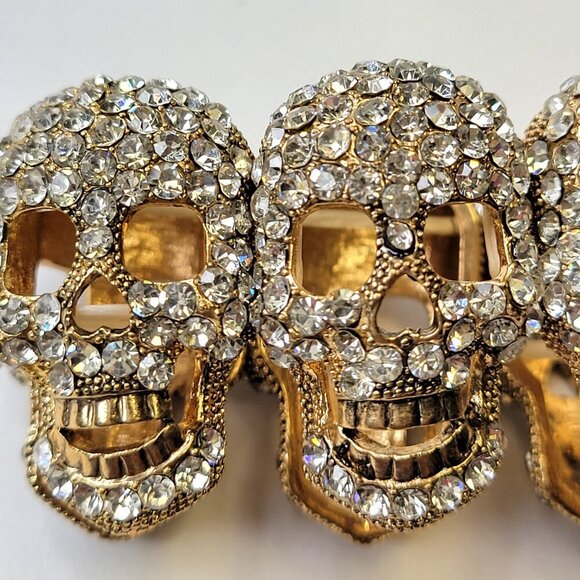 Gold Crystal Skull Bracelet Stretchy Skull Bracelet Halloween Bracelet - Picture 2 of 8